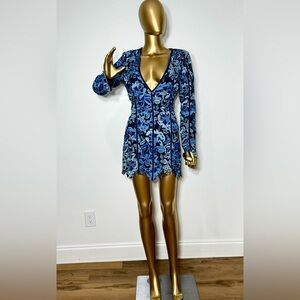 Revolve X By NBD Floral Lace Mini Dress in Blue w/Velvet Cocktail Party ~ Size M